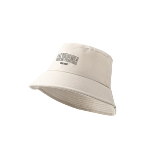 Detail of California West Coast embroidery on high-quality beige canvas bucket hat