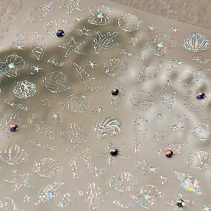3D holographic starfish and shell nail art stickers with embossed sea coral patterns