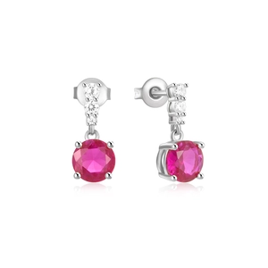 Detail of 925 silver stud earring featuring a red gemstone with white accent diamonds