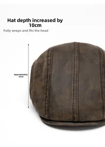 Detailed view of brown leather beret hat showing 10cm depth and vintage stitching texture