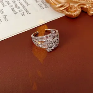 Star Multi Layer Open Ring For Women Copper With Micro Pave Zircon Adjustable Fashion Elegant Finger Jewelry