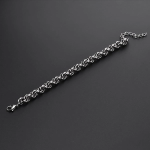 Detail of silver stainless steel chain bracelet with lobster clasp and extender chain
