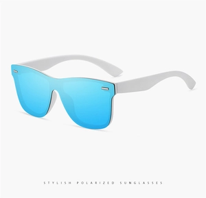 Detail view of blue mirrored polarized lenses with white frames and stylish metal accents