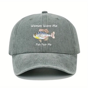 Distressed dark grey baseball cap featuring Women Want Me Fish Fear Me embroidery