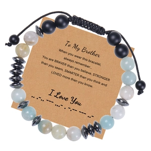 Morse code bracelet with 8mm amazonite beads and message card for brother on white surface