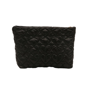 Black quilted heart pattern cosmetic bag with nylon finish and zip closure