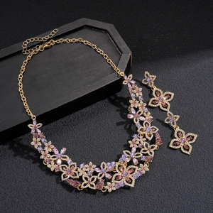 Luxury double-layer flower necklace and earrings set with purple and pink crystals