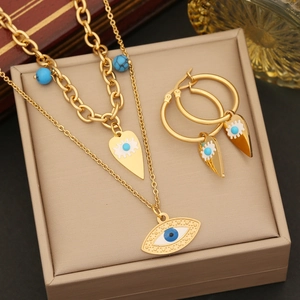 Evil Eye Double Layer Necklace Stainless Steel Enamel Turquoise Beads Gold Plated Jewelry For Women Personalized