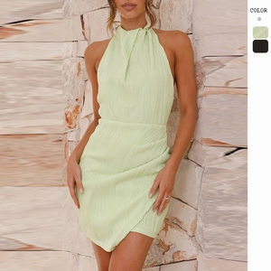 Robe Mini Dos Nu Dos Nu Plissé Moulante Sexy Taille Haute Sans Manches Polyester Robe Courte Texturée