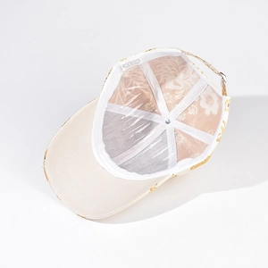 Interior detail of polyester baseball cap showing sweatband and washing label