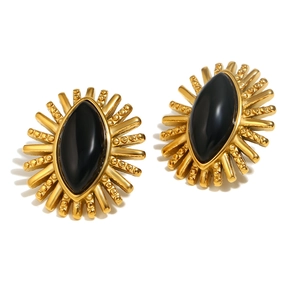 Vintage 18K gold plated stainless steel sunburst earrings with black onyx eye inlay