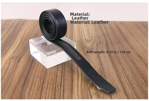Detail of 120cm black lychee leather belt with smooth texture for men's gift set