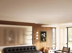 Mid-century modern beige living room rug styled with leather sofa and wood panels