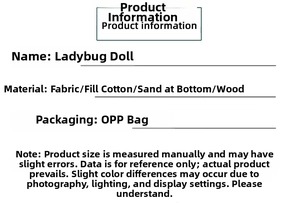 Detailed material specifications for ladybug plush showing fabric and wood components