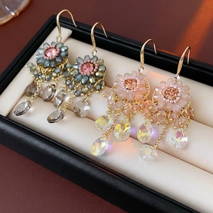Bohemian floral tassel drop earrings with zircon crystals in two vintage colorways