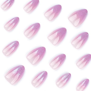 Short almond fake nails with purple gradient and silver glitter sequins on white background