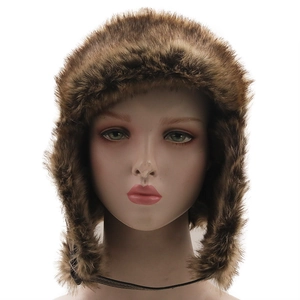 Detail of dark brown faux fur aviator hat with plush lining and chin strap buckles