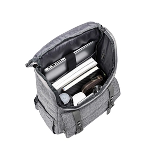 Macro view of gray oxford laptop backpack with spacious interior and padded computer sleeve