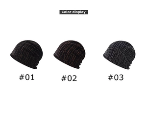 Detailed color display of three women's knit beanies in red, orange, and silver tones