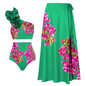 Ensemble bikini 3 pièces à fleurs à une épaule avec paréo assorti en imprimé vert et rose