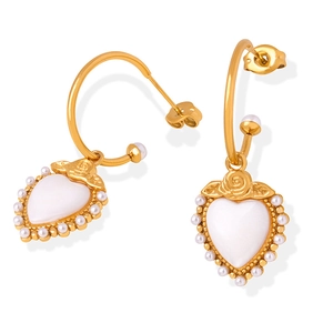 Elegant gold titanium heart earrings with mother of pearl inlay and pearl beaded border