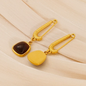 Minimalist 18K gold stainless steel earrings featuring square brown natural stone pendants