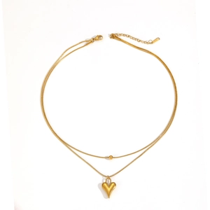 18K gold-plated double layer necklace with heart pendant and beads on white background