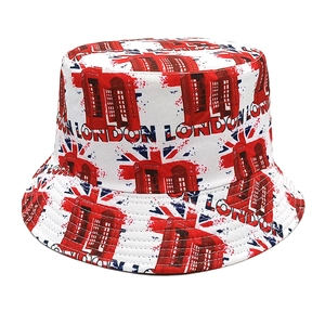 London themed bucket hat with red phone box and UK flag prints on white cotton canvas