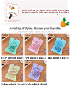 Set of 6 colorful gradient spiral hair ties in pink, blue, yellow, and purple tones