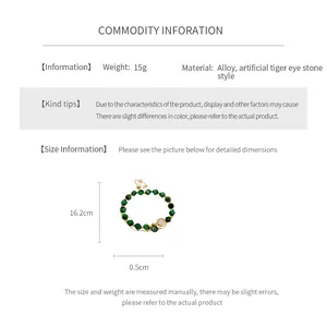 Detailed product size chart for the tiger eye bead bracelet with weight and dimensions