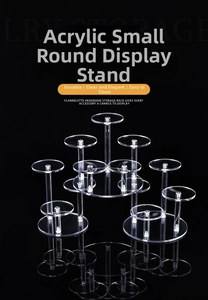 Macro detail of 12-tier clear acrylic display stand with circular tiers and central pillar