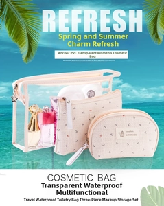Three-piece travel set featuring transparent PVC bag and beige anchor print canvas pouches