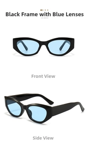 Detail view of vintage cat-eye sunglasses with thick black frame and blue tinted lenses