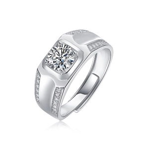 Detail of a men's 925 silver moissanite ring with round cut center stone and side diamonds