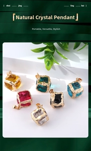 Detailed view of colorful cube crystal pendants with elegant gold plated metal bails