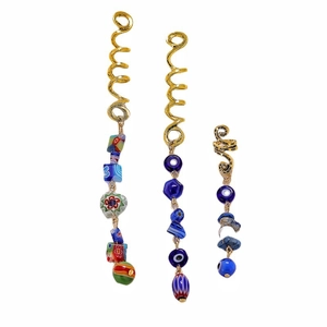 Golden snake-shaped braid hair rings with blue evil eye and colorful glass bead pendants