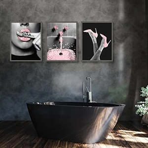Three-piece wall art set with pink and black fashion themes over bathtub for bathroom decor