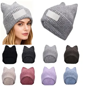 Knit Beanie Hat With Cat Ears Acrylic Ribbed Solid Color Warm Winter Outdoor Fashion For Women Girls Cute Kawaii Accessory