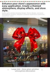 Large red bow Christmas window sticker with Merry Christmas text and snowflakes