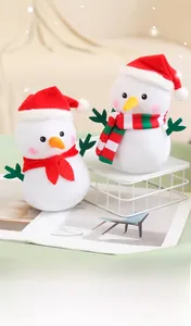 Detailed view of plush Christmas snowmen with festive red hats and striped scarves on a table