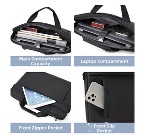 Detailed internal view of multi-compartment black laptop bag with padded shockproof sleeves