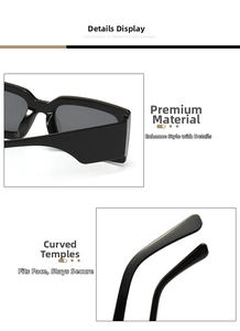 Close-up of glossy black resin frame and curved temple design on square sunglasses