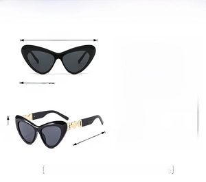 Detailed dimension guide for black cat-eye sunglasses with gold heart metal hinges