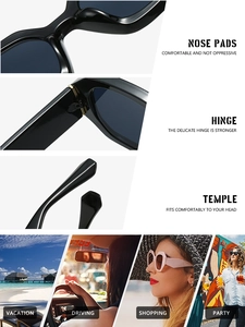 Detailed views of sunglasses nose pads and hinges with various daily usage scenarios