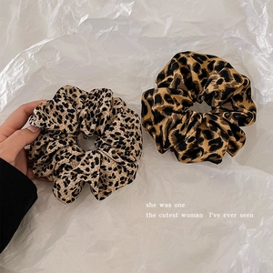 Set of two vintage leopard print oversized scrunchies in beige and khaki chiffon fabric
