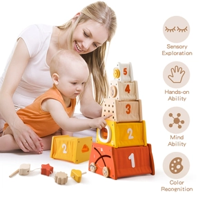 Infant sensory stacking blocks with numbers, zipper and buttons for skill development