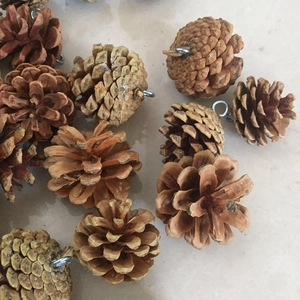 Natural pine cone ornaments with silver metal hooks for Christmas tree and DIY crafts