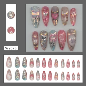 Y2K 24pcs press on nails with pink blue gradient, silver hearts and butterfly accents