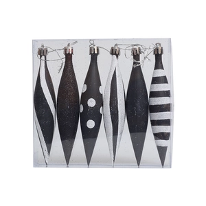 Black and White Christmas Tree Hanging Finials Set 6 Pieces Plastic Glitter Painted Icicle Ornaments For Holiday Decor