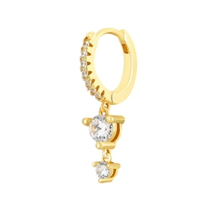 Close-up of gold-plated huggie earrings with a vertical drop of sparkling cubic zirconia